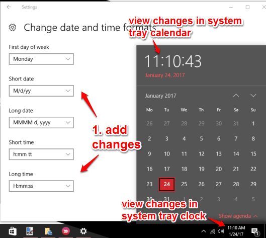 change date and time formats for system tray clock as well calendar in windows 10