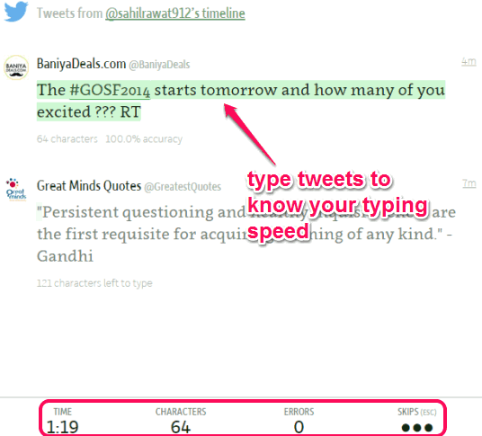 improve typing speed by typing tweets of your Twitter timeline