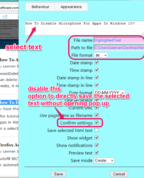 pop up window to set settings