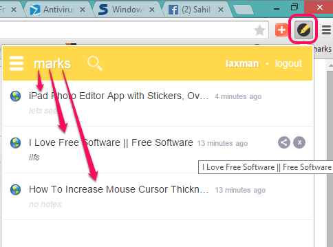 use Google Chrome extension icon of Markticle to access saved marks