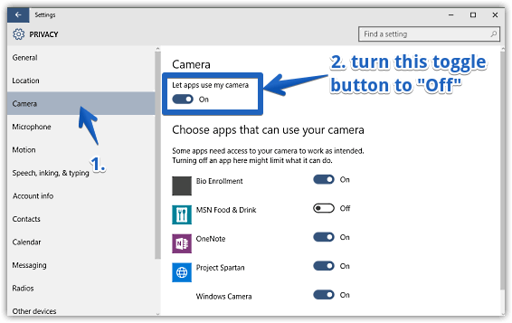 windows 10 disable webcam access for apps