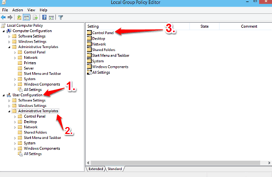 windows 10 group policy access user config and control panel