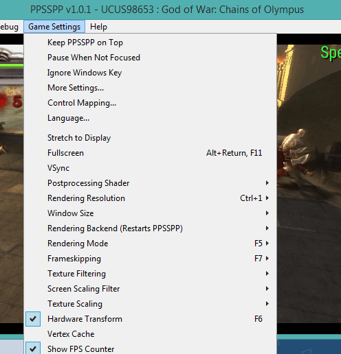 Game Settings menu