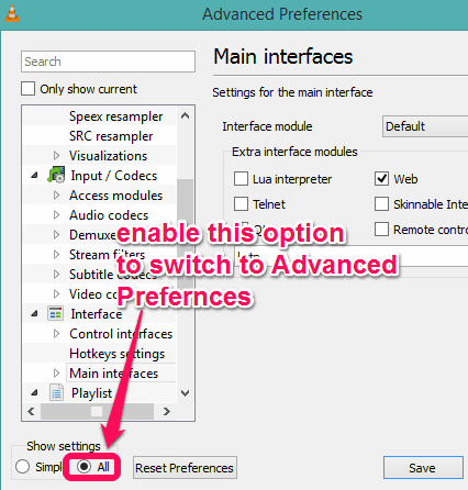 enable All option to switch to Advanced Preferences window