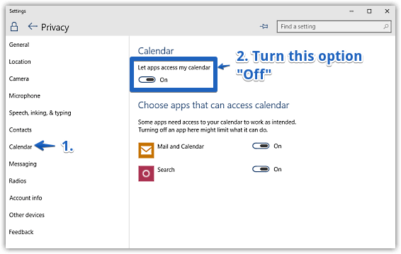 windows 10 disable calendar access