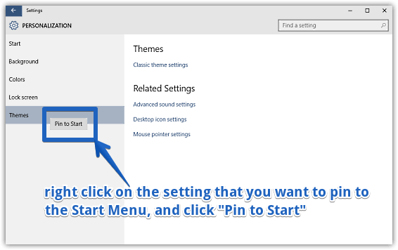 windows 10 pin individual settings to start menu