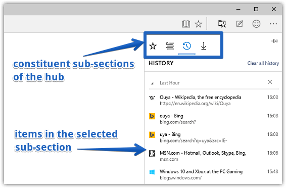 hub options in ms edge