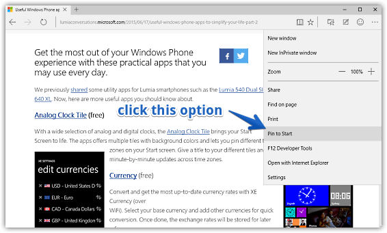 pin websites to start menu in ms edge