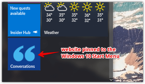 start menu pinned website