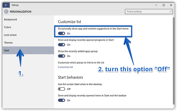 windows 10 disable content suggestions in the start menu