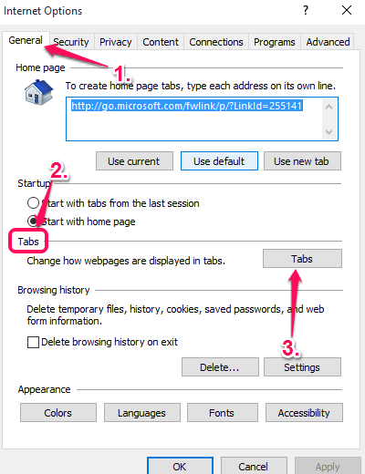 access Intenet Options window