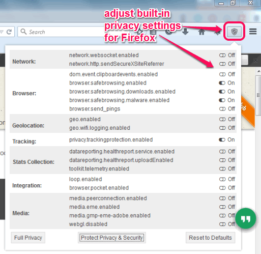 adjust built-in Privacy Settings for Firefox