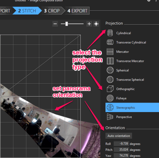 select the Projection Type and Orientation of Panorama