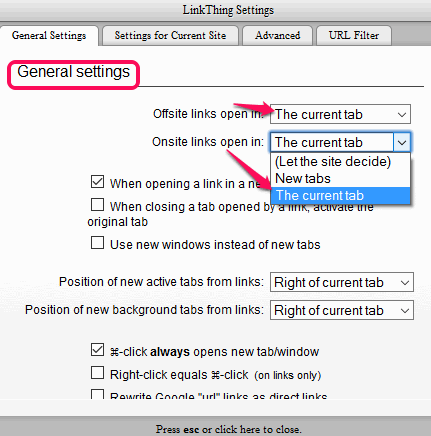 set options to open offsite and onsite links in The current tab