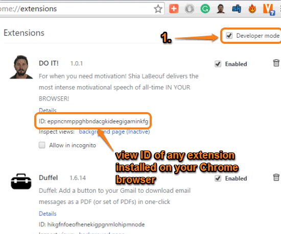 enable developer mode to view ID of any installed extension