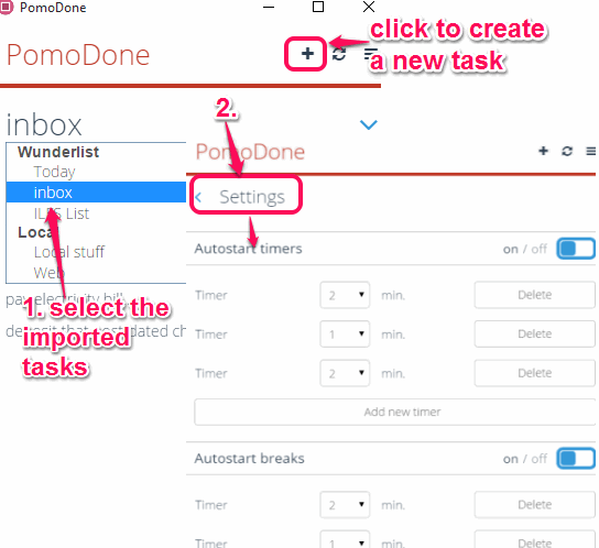 select the imported task and set work timers and breaks