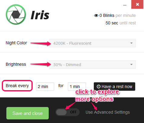 set the break time, screen brightness and other settings