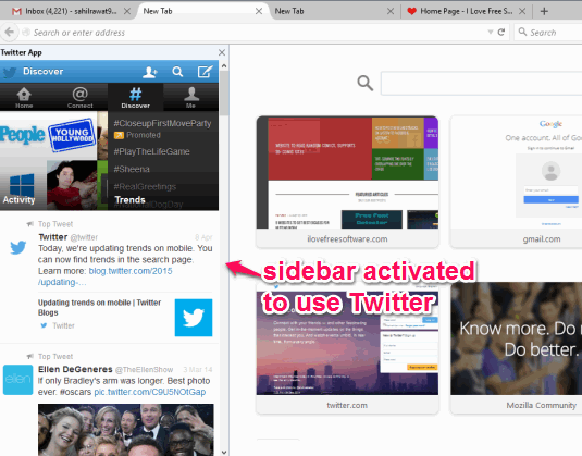 sidebar activated to use Twitter