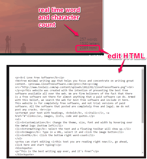 view word and character count and edit HTML