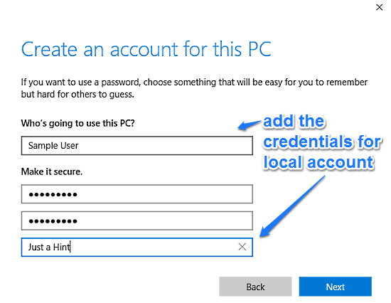 windows 10 local account creation screen