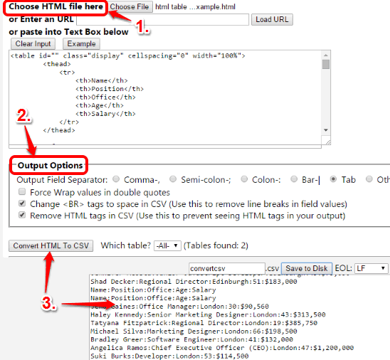 Convert HTML Table To CSV file website homepage