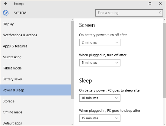 change power and sleep settings