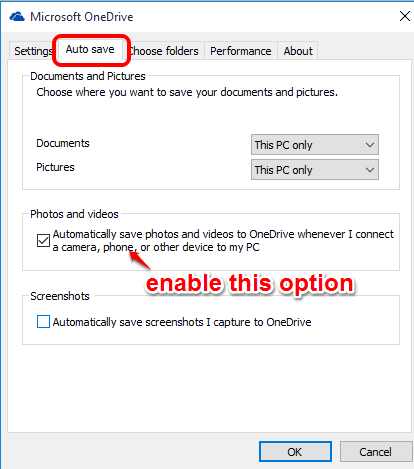 access Auto save tab and enable Photos and Videos option