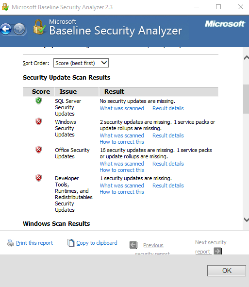 security update scan results
