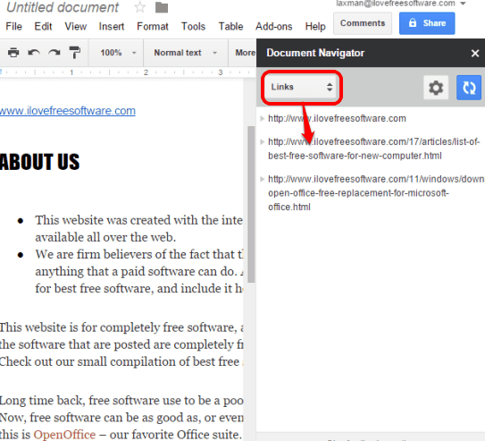 free document navigator add-on for Google Docs