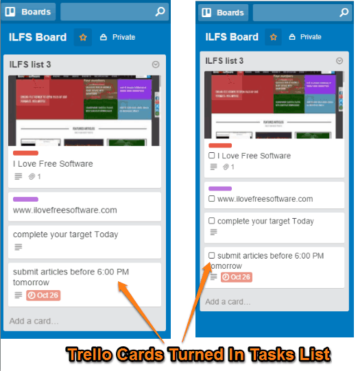 Trello cards turned into tasks list