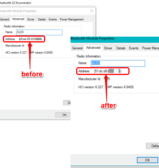 bluetooth MAC address before and after