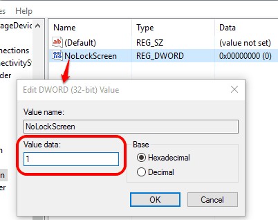 change value data of NoLockScreen to 1