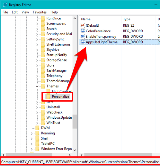 create a AppsUseLightTheme value in Personalize key under HKEY CURRENT USER