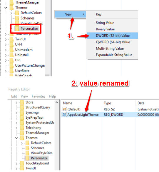 create a AppsUseLightTheme value in Personalize key