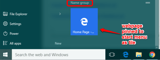 webpage added to start menu as tile