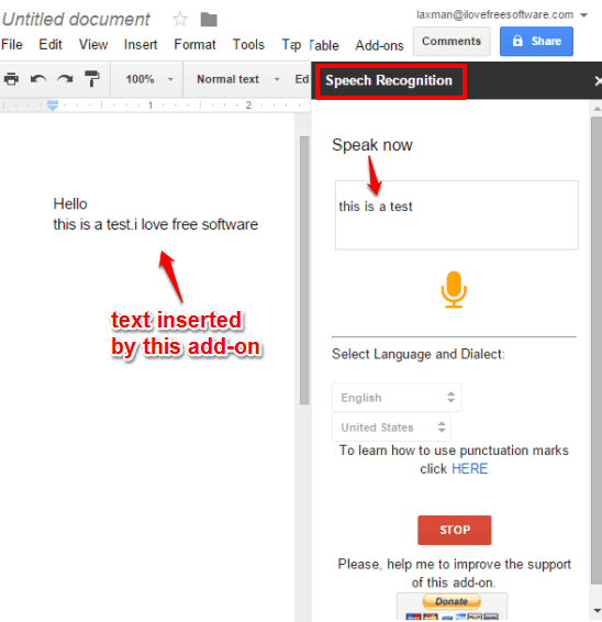 free speech recognition Google Docs add-on