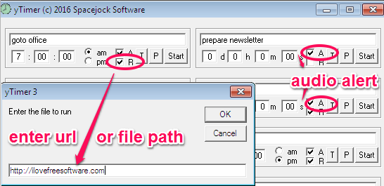 Set Audio Alarm and specify to open a file or Url