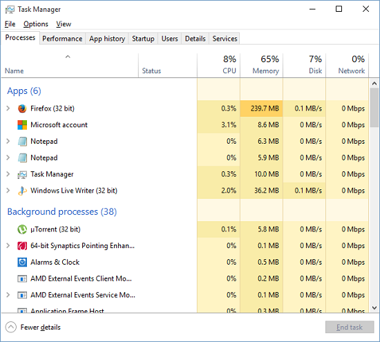 Task Manager detailed pane