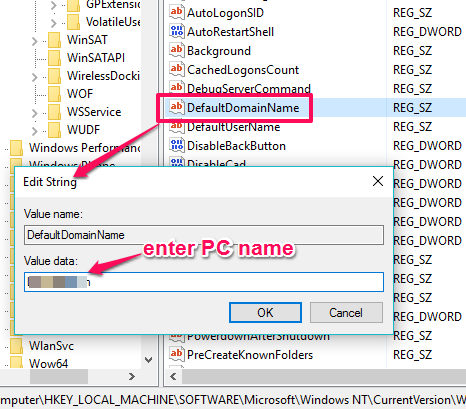 access DefaultDomainName value and set its value data