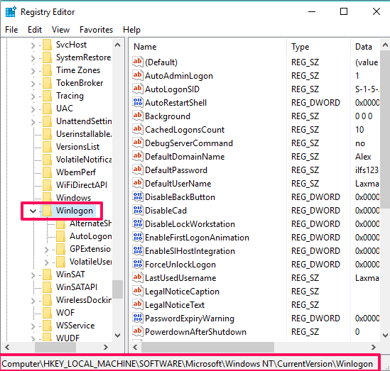 access WinLogon key