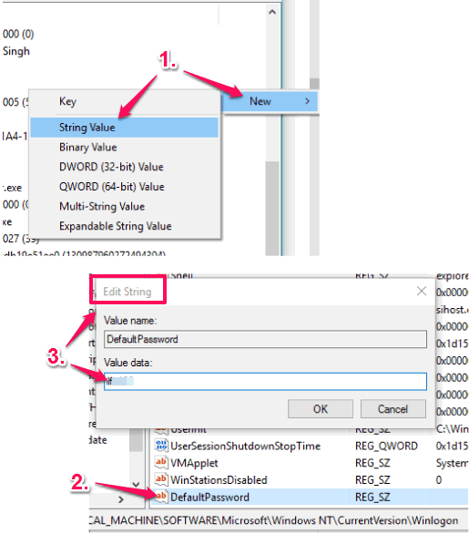 create DefaultPassword sting value and change its value data