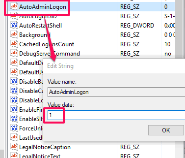 set autoadminlogon value data to 1