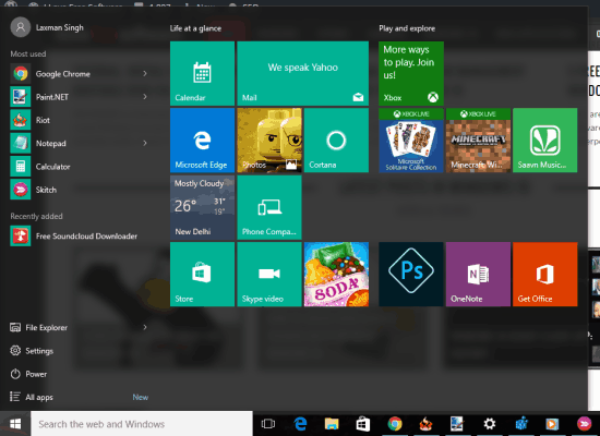 Start menu with blur background transparency