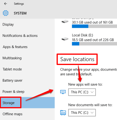 access Storage sub menu