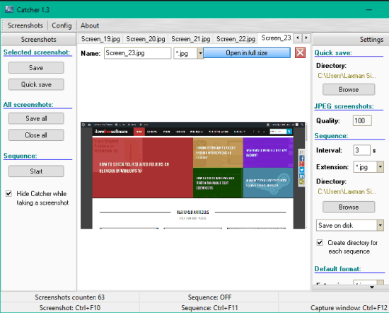 free screen capture software with single and sequential capture mode