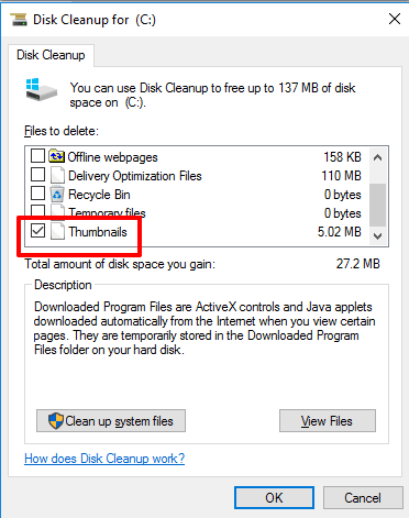 select Thumbnails option to clean