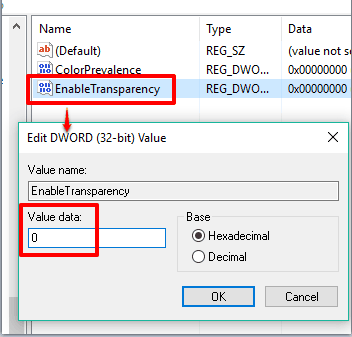 set EnableTransparency value data to 0