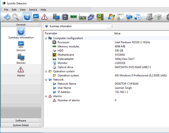 SysInfo Detector- interface