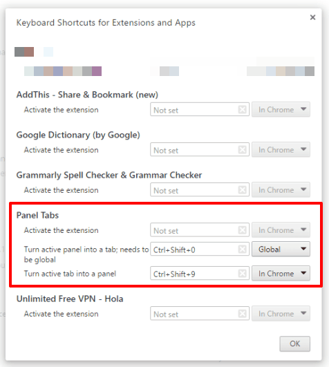 set hotkeys for Panel Tabs extension