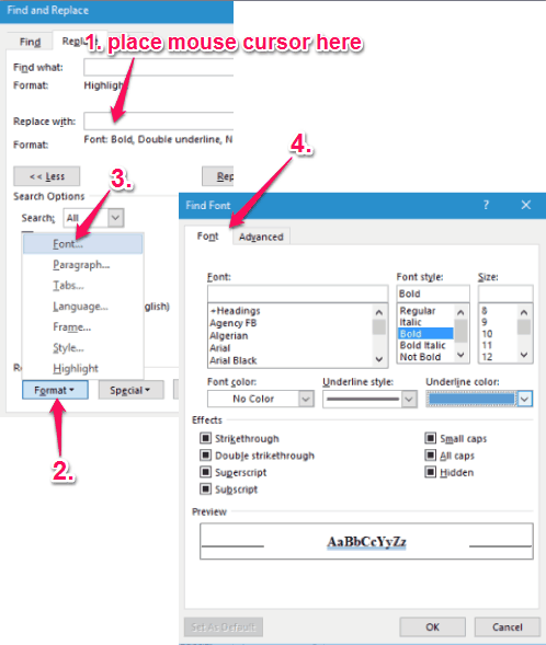 access font for replace with section